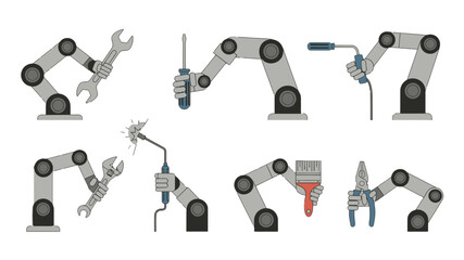 Naklejka premium Robotic Arms Displaying Tools on transparent Background Vector Illustration