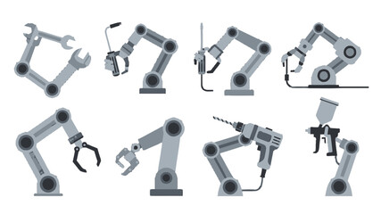 Fototapeta premium Set of Eight Gray Pixelated Robotic Arms on a transparent Background