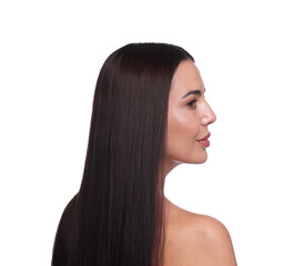 Naklejka premium Woman with beautiful smooth hair after lamination procedure on white background