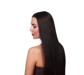 Fototapeta premium Woman with beautiful smooth hair after lamination procedure on white background