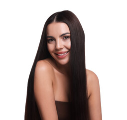 Woman with beautiful smooth hair after lamination procedure on white background