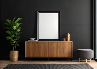 Dark Room Interior Design with Wooden Cabinet and Plant