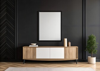 Modern Dark Wood Media Console with Blank Canvas in Minimalist Room