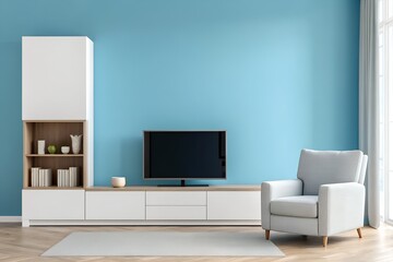 Modern Living Room Interior Design with Light Blue Wall and White Furniture
