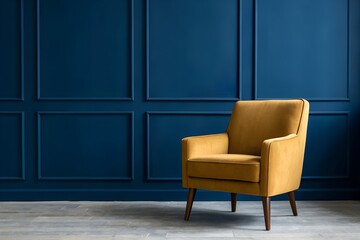 Mustard Yellow Armchair Against a Deep Blue Paneled Wall