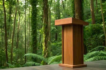 Wooden Podium in Lush Green Forest Setting