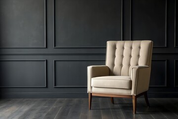 Beige Upholstered Armchair Against Dark Gray Walls