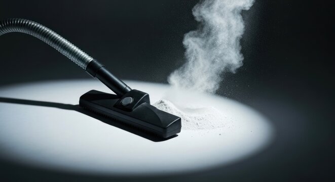 A black vacuum cleaner nozzle, positioned on a light surface, expels a cloud of dust and steam