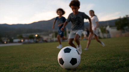 Obraz premium A group of kids plays soccer in a grassy field with a ball bouncing sneakers kicking a goalpost wobbling and parents cheering from the sidelines depicted in a lively photo wit