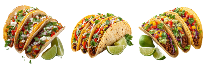 Three groups of fresh tacos with lime wedges and cilantro garnish isolated on a transparent background
