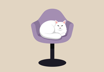 A tranquil white cat is peacefully asleep on a chic purple chair, its soft fur creating a soothing contrast against the chairs sleek design, evoking a sense of calm