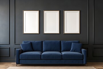 Dark Blue Velvet Sofa Against Dark Gray Walls with Three Empty Frames