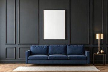 Dark Blue Velvet Sofa in a Modern Dark Gray Room