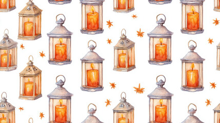 Watercolor pattern of glowing christmas lanterns with orange candles and tiny stars on a white background