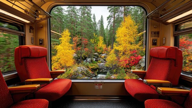 Train car interior with autumn foliage view