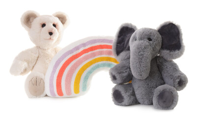 Three different soft toys isolated on white