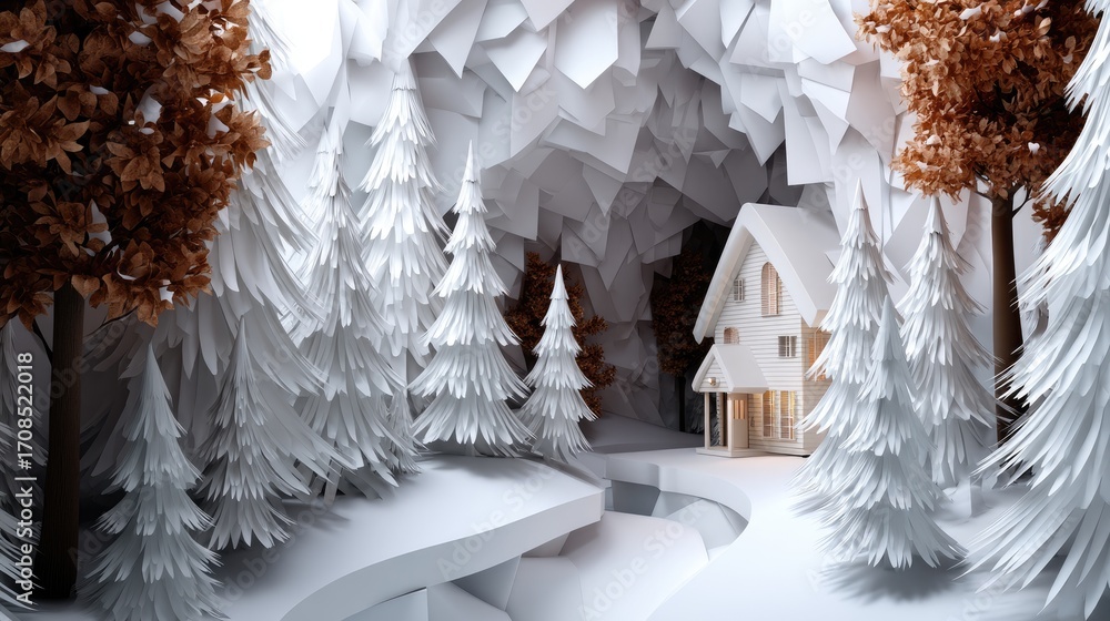 Poster a tranquil scene shows a small house surrounded by white trees in a snowy environment, creating a pe