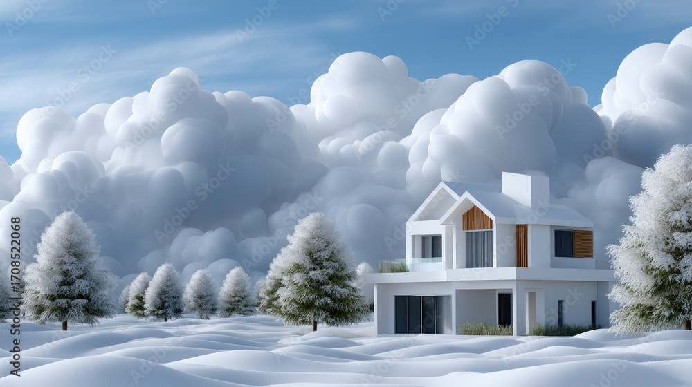 Poster a tranquil scene shows a small house surrounded by white trees in a snowy environment, creating a pe