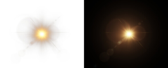 bright golden flare with radiant starburst and glowing rays, abstract sunlight flash on dark...