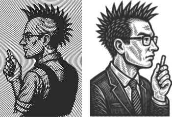 Striking Punk and Teacher Portrait Canvas Digital Art &ndash; Bold Black and White Illustration Featuring Spiked Hair, Glasses and Unique Retro Engraving Style