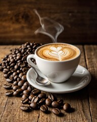 Obraz premium Steaming Cup of Latte with Heart Art and Coffee Beans on Rustic Wooden Table