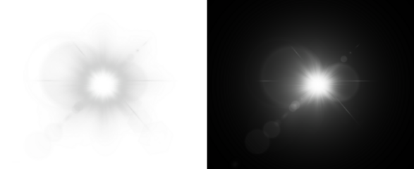 Bright white light flare with starburst effect on dark background, glowing sun flash with lens reflection. PNG illustration, sparkle, magic light, Cinematic effect