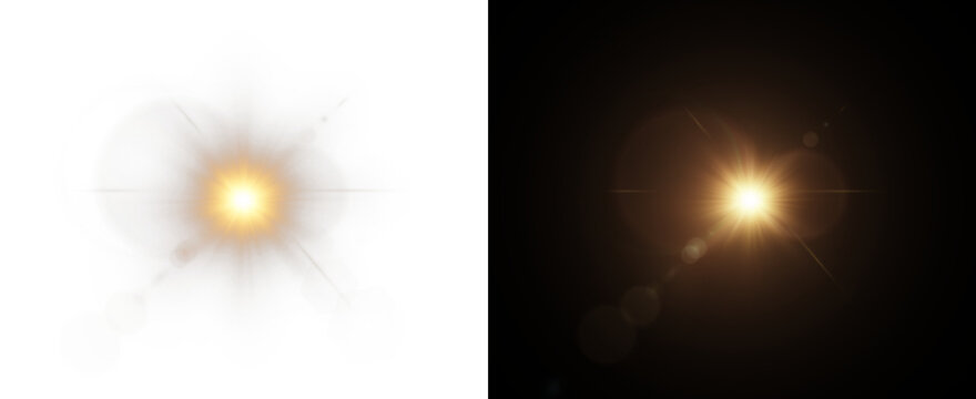 bright golden flare with radiant starburst and glowing rays, abstract sunlight flash on dark background. Starburst PNG illustration 