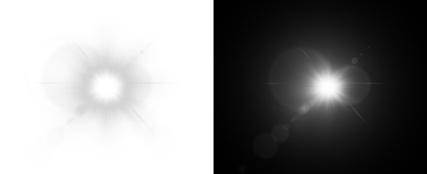Bright white light flare with starburst effect on dark background, glowing sun flash with lens reflection. PNG illustration, sparkle, magic light