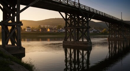 Wooden bridge over a river at sunset.  Tranquil rural scene