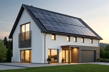 Obraz premium Modern White House with Solar Panels and Wooden Accents at Dusk