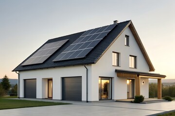 Modern White House with Solar Panels at Dusk