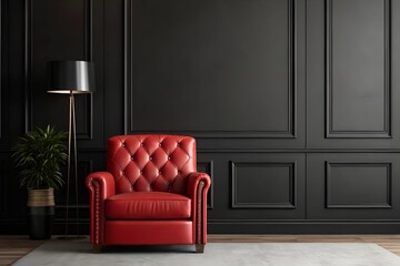 Red Leather Armchair Against Black Wall