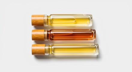 Naklejka premium Three essential oil roller bottles with bamboo lids, a clean flat lay, on a white background with copy space