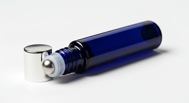 Open blue glass essential oil roller bottle lying down, an isolated product shot, on a white background with copy space