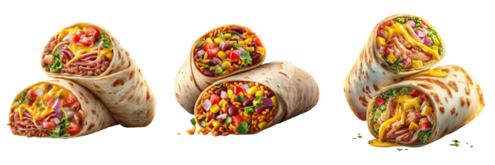 Three different burritos filled with meat vegetables and cheese isolated on a transparent background