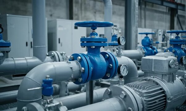 Industrial piping with blue valves and pumps, technical style, steel and blue, infrastructure and maintenance concept