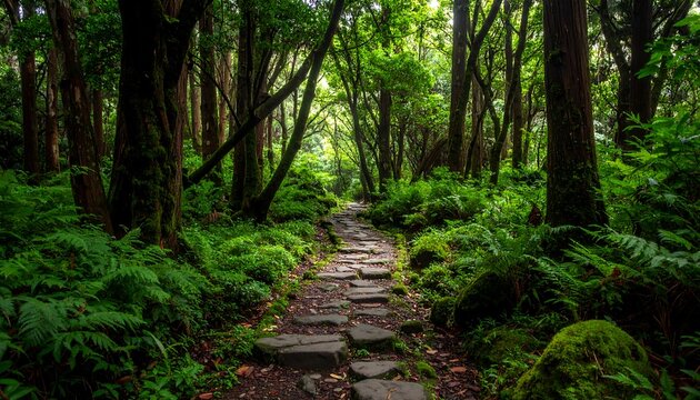 Lush forest path winding through dense foliage - Powered by Adobe