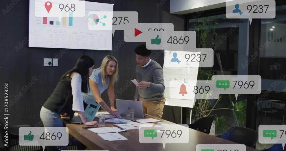 Poster business professionals discussing sales charts on table sparking animated metrics for decisions