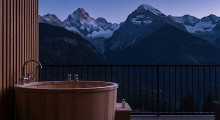 Wooden hot tub on a mountain terrace at dawn