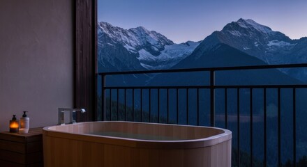 Wooden hot tub with mountain vista at twilight