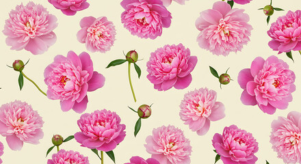A seamless floral pattern of pink peonies on a soft cream background