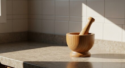 Wooden mortar and pestle on a kitchen counter. Sunlight casts shadows