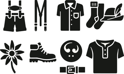 Traditional Bavarian clothing icons set, lederhosen, suspenders, shirt, socks, hat, edelweiss flower, hiking boot, belt, and polo shirt vector
