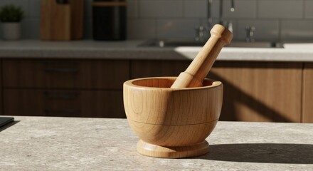 Wooden mortar and pestle on a kitchen counter. Sunlight highlights the natural wood grain