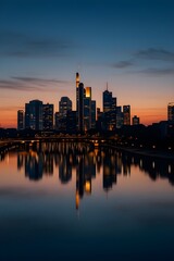 modern city skyline reflecting in river at sunset