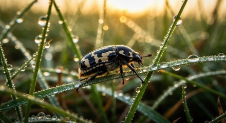 A spotted beetle on dewy grass at dawn