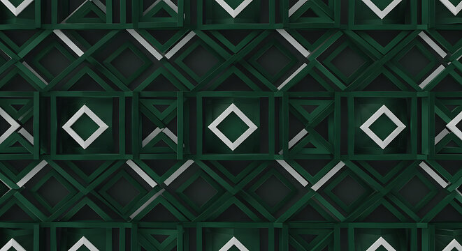 A seamless geometric pattern of interlocking squares in emerald green and white on a charcoal background