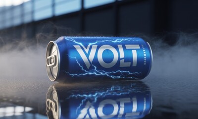 A vibrant blue aluminum can, reflecting on a dark surface, is subtly surrounded by wisps of fog. The can's label features bold white text "VOLT" and stylized lightning bolts