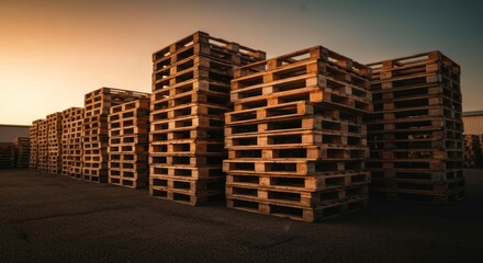 Wooden pallets stacked high at sunrise