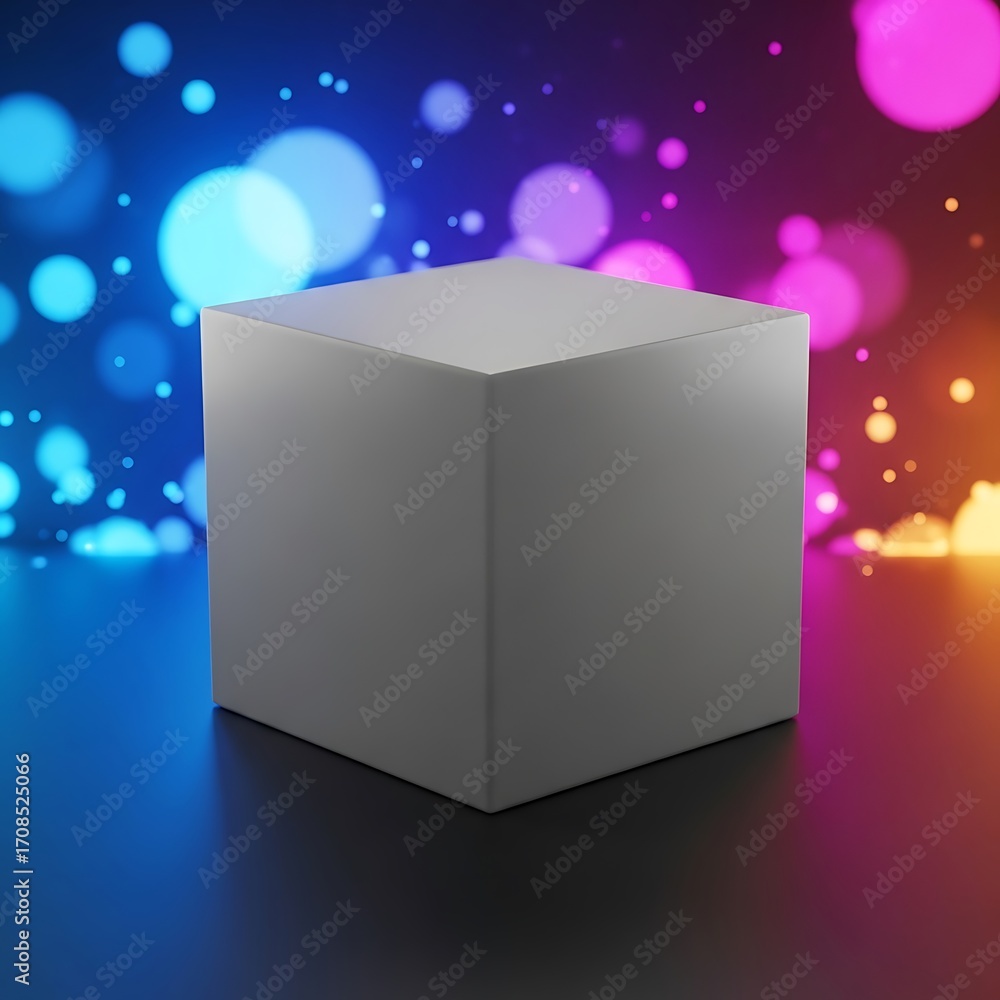 Poster illuminated geometric cube in abstract backdrop with sparkling spots